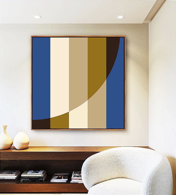 Quadro Quadrado Geométrico Listras Círculo Azul Bege Canvas Moldura