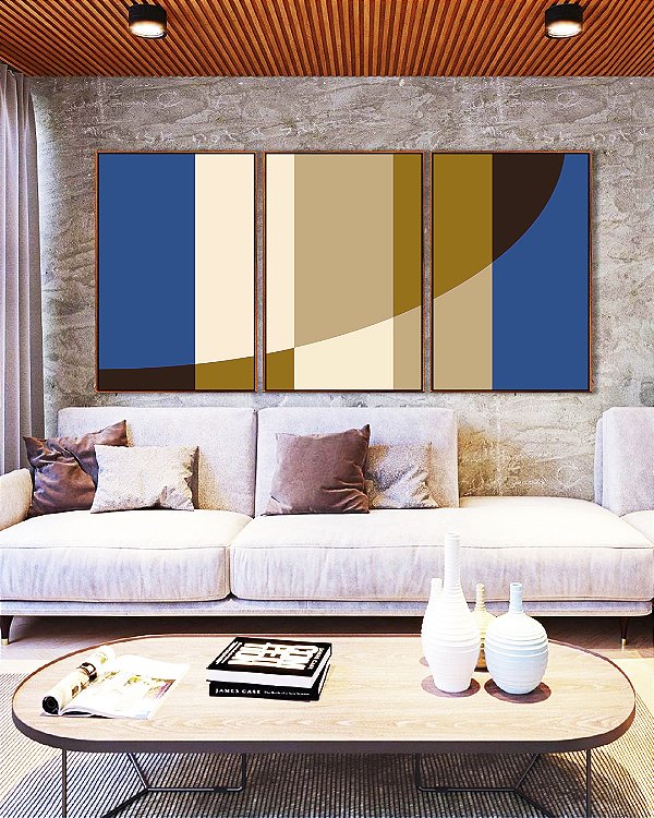 Trio de Quadros Geométrico Listras Círculo Azul Bege Canvas Moldura