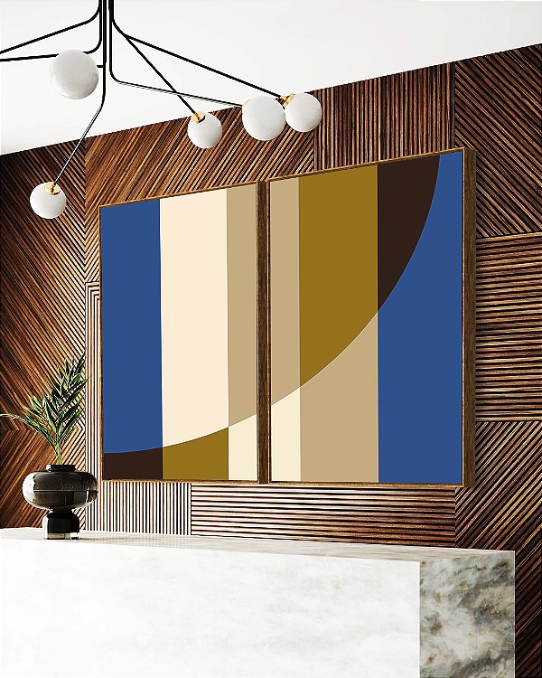 Duo de Quadros Geométrico Listras Círculo Azul Bege Canvas Moldura