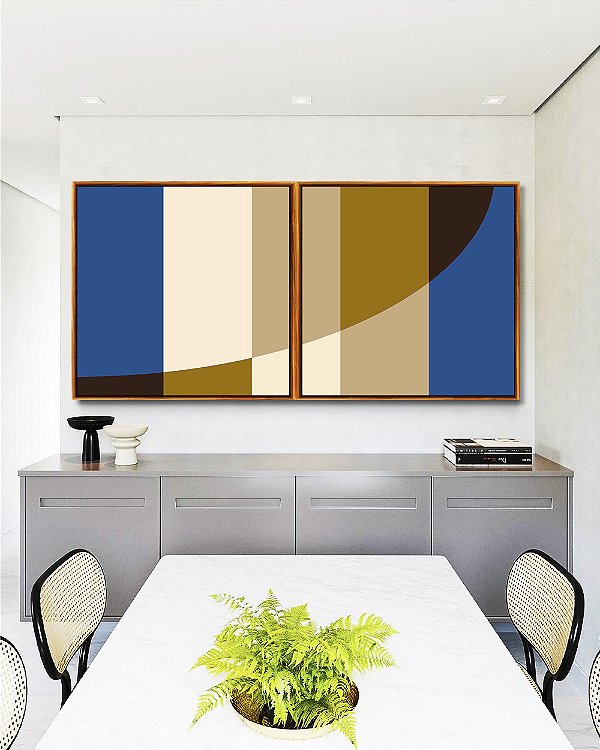Duo de Quadros Quadrados Geométrico Listras Círculo Azul Bege Canvas Moldura