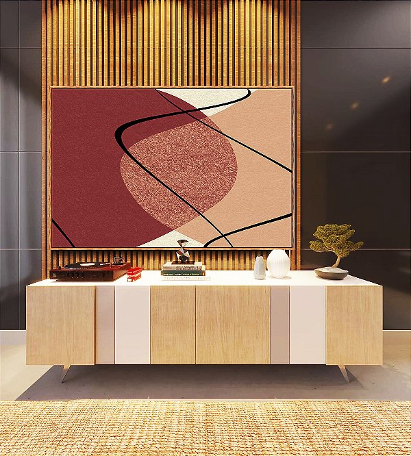 Quadro Horizontal Abstrato Minimalista Rosa Vermelho Telha Canvas Moldura