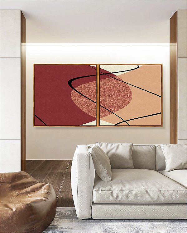 Duo de Quadros Quadrados Abstrato Minimalista Rosa Vermelho Telha Canvas Moldura