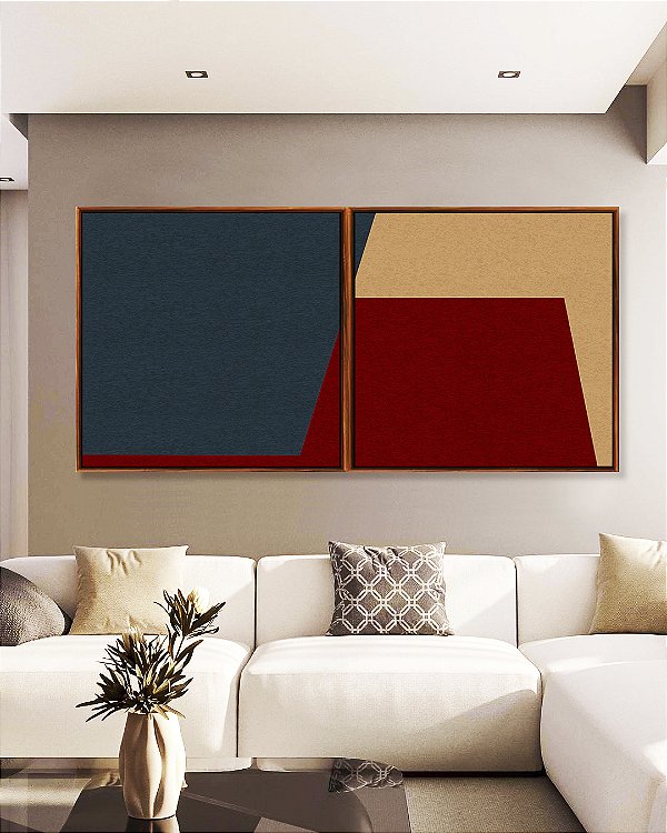 Duo de Quadros Quadrados Abstrato Geométrico Minimalista Azul Vermelho Canvas Moldura