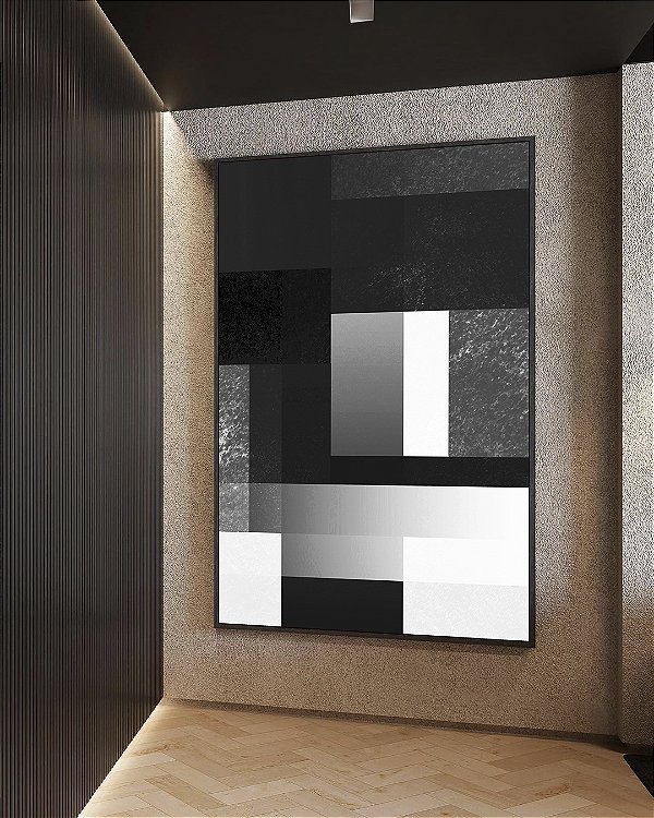 Quadro Vertical Abstrato Preto e Branco Geometrico Degrade Canvas Moldura