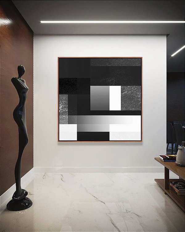 Quadro Quadrado Abstrato Preto e Branco Geometrico Degrade Canvas Moldura