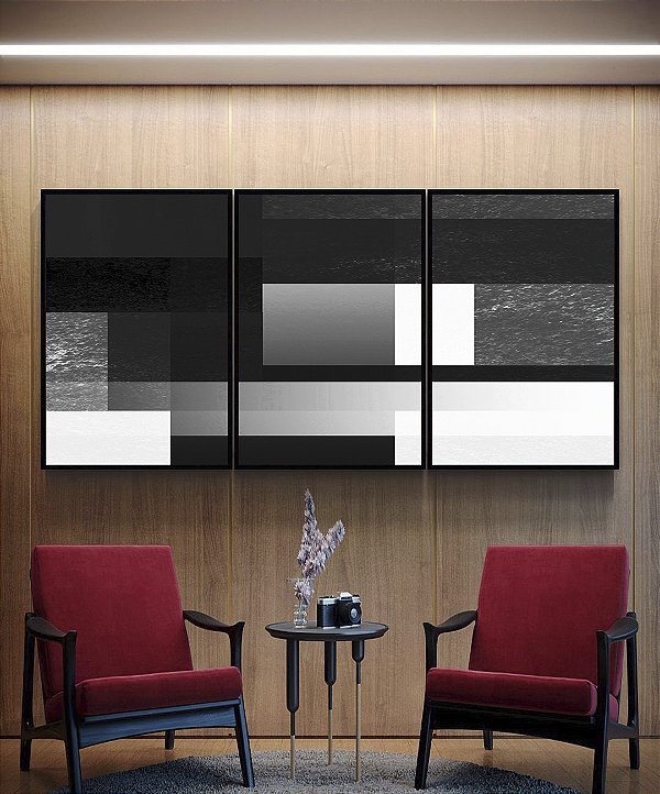 Trio de Quadros Abstrato Preto e Branco Geometrico Degrade Canvas Moldura