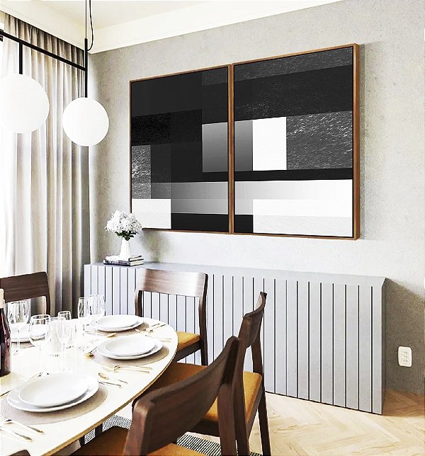 Duo de Quadros Abstrato Preto e Branco Geometrico Degrade Canvas Moldura