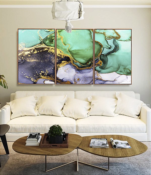 Trio de Quadros Abstrato Verde Turquesa Dourado Cinza Arte Fluida Pouring Canvas Moldura