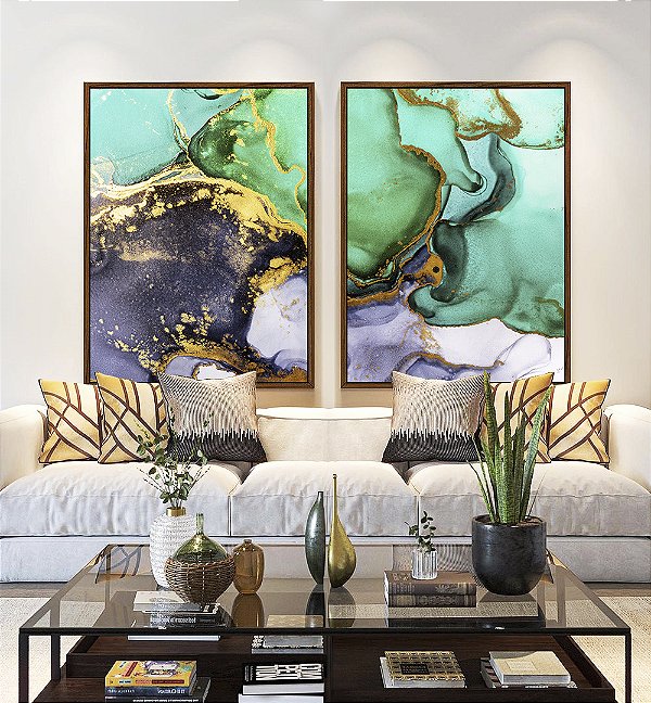 Duo de Quadros Abstrato Verde Turquesa Dourado Cinza Arte Fluida Pouring Canvas Moldura