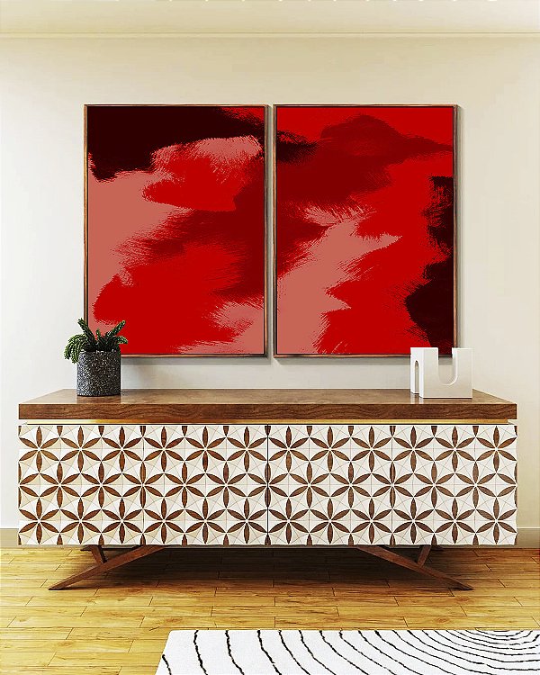 Duo de Quadros Abstrato Tons de Vermelho Efeito Pintura Canvas Moldura