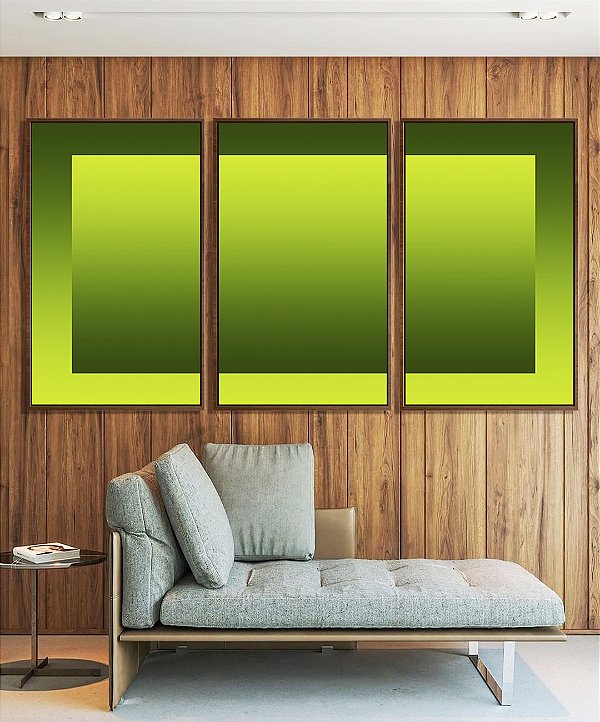 Trio de Quadros Abstrato Degradê Margem Tons de Verde Canvas Moldura