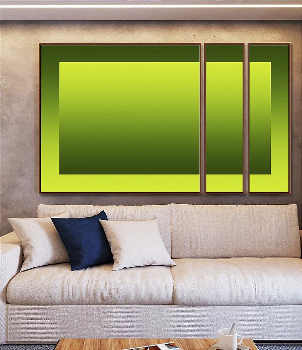 Trio de Quadros Estilizados Abstrato Degradê Margem Tons de Verde Canvas Moldura
