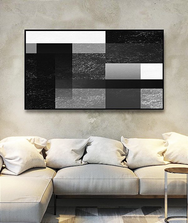Quadro Horizontal Abstrato Geométrico Degradê Preto e Branco Canvas Moldura