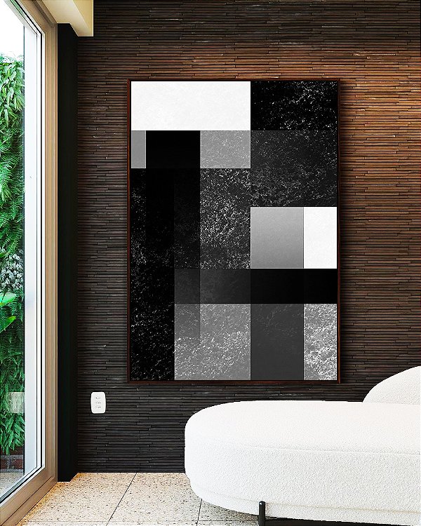 Quadro Vertical Abstrato Geométrico Degradê Preto e Branco Canvas Moldura