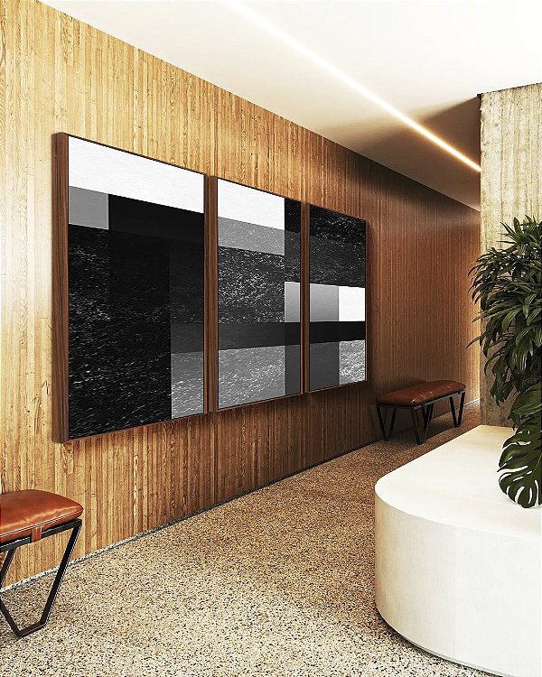 Trio de Quadros Abstrato Geométrico Degradê Preto e Branco Canvas Moldura