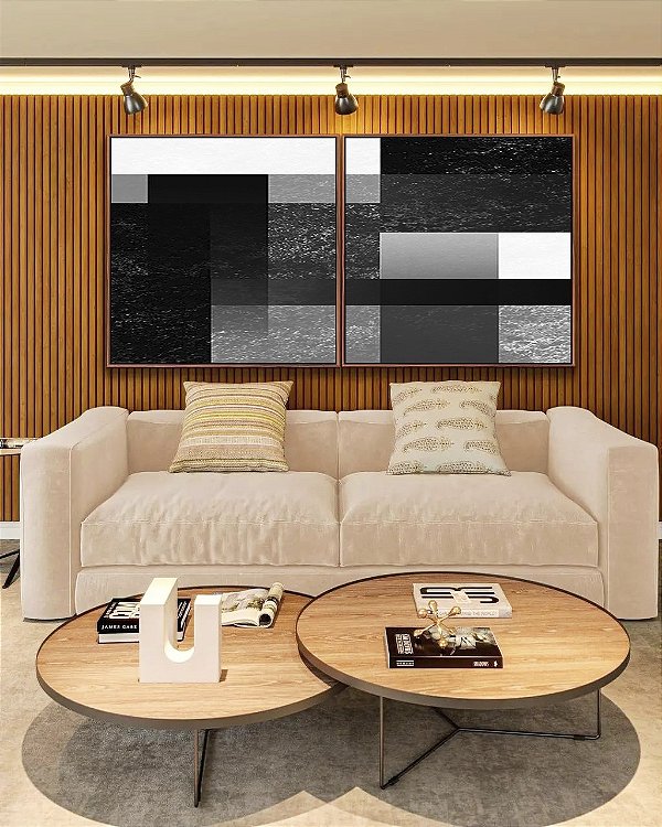 Duo de Quadros Quadrados Abstrato Geométrico Degradê Preto e Branco Canvas Moldura