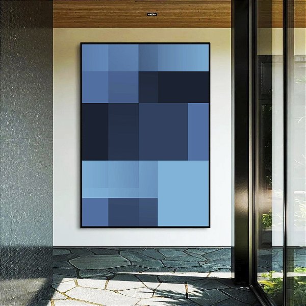 Quadro Vertical Abstrato Geométrico Degradê Tons de Azul Canvas Moldura
