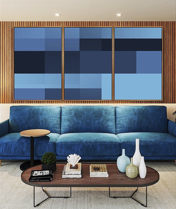 Trio de Quadros Abstrato Geométrico Degradê Tons de Azul Canvas Moldura