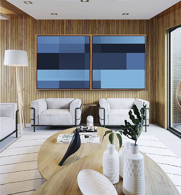 Duo de Quadros Quadrados Abstrato Geométrico Degradê Tons de Azul Canvas Moldura