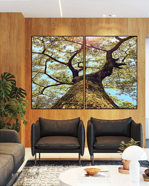 Duo de Quadros Árvore Galhos Céu Turquesa Claro Natureza Paisagem Canvas Moldura