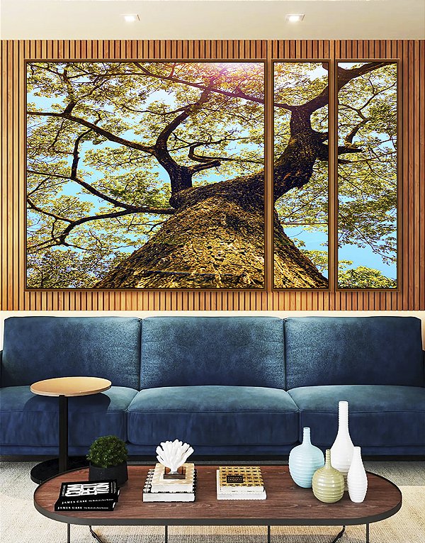 Trio de Quadros Estilizados Árvore Galhos Céu Turquesa Claro Natureza Paisagem Canvas Moldura