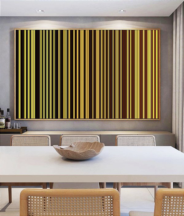 Quadro Horizontal Abstrato Degradê Listras Geométrico Amarelo Dourado Marrom Canvas Moldura