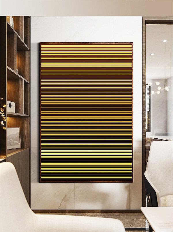 Quadro Vertical Abstrato Degradê Listras Geométrico Amarelo Dourado Marrom Canvas Moldura