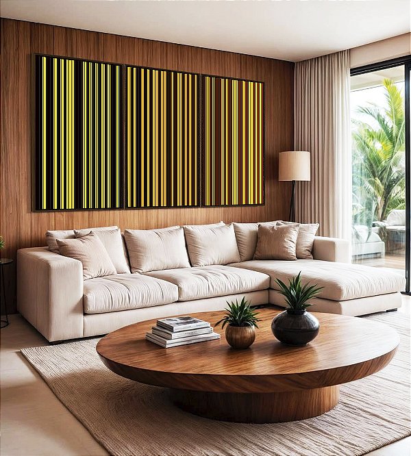 Trio de Quadros Abstrato Degradê Listras Geométrico Amarelo Dourado Marrom Canvas Moldura