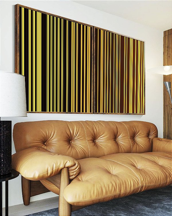 Duo de Quadros Abstrato Degradê Listras Geométrico Amarelo Dourado Marrom Canvas Moldura