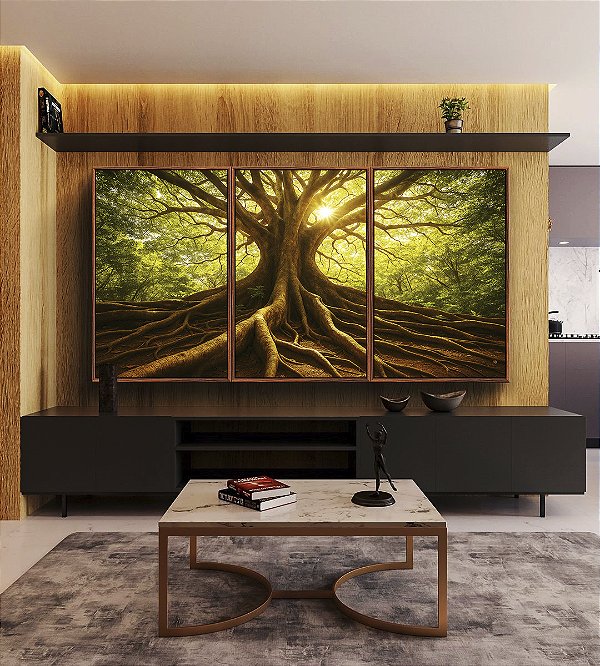 Trio de Quadros Árvore Folhas Verdes Paisagem Natureza Canvas Moldura