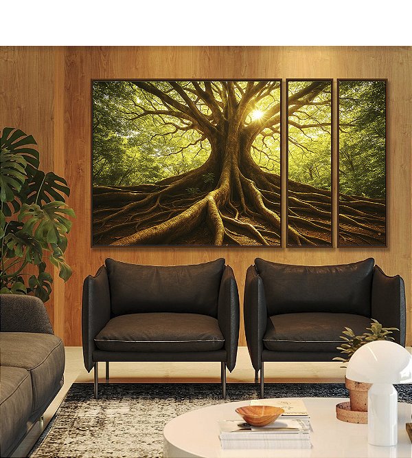 Trio de Quadros Estilizados Árvore Folhas Verdes Paisagem Natureza Canvas Moldura