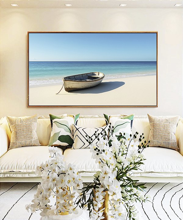 Quadro Horizontal Barco em Praia de Mar Azul Céu Claro Canvas Moldura