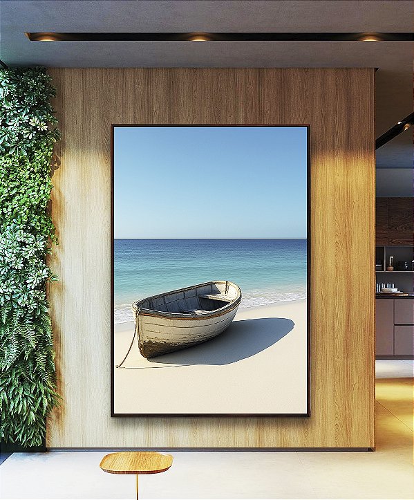 Quadro Vertical Barco em Praia de Mar Azul Céu Claro Canvas Moldura