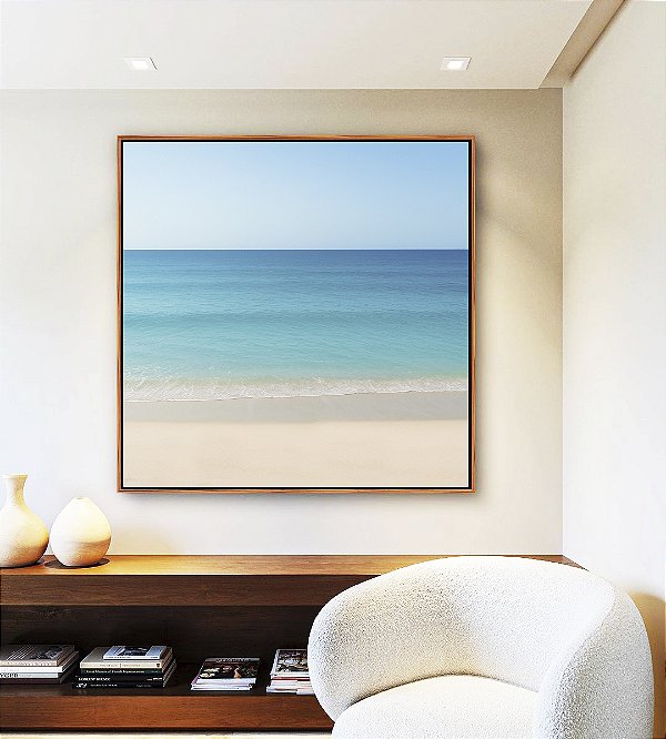 Quadro Quadrado Mar Azul Praia Relaxante Céu Claro Canvas Moldura