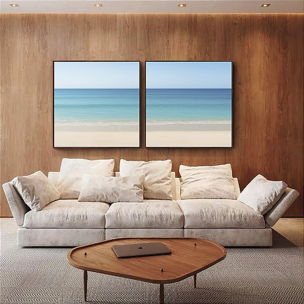 Duo de Quadros Quadrados Mar Azul Praia Relaxante Céu Claro Canvas Moldura