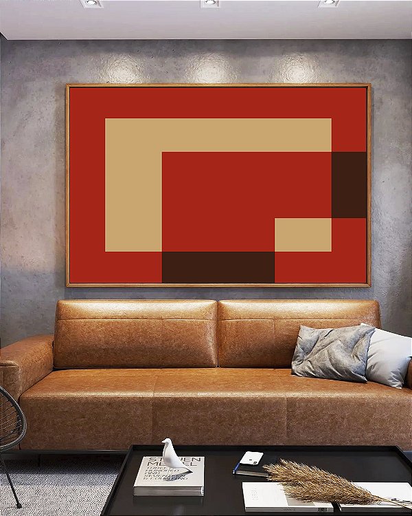 Quadro Horizontal Abstrato Geométrico Minimalista Vermelho Marfim Canvas Moldura
