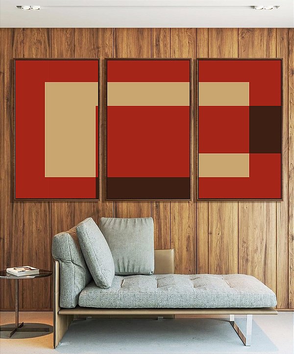 Trio de Quadros Abstrato Geométrico Minimalista Vermelho Marfim Canvas Moldura
