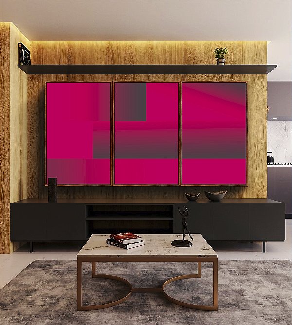 Trio de Quadros Abstrato Mosaico Geométrico Degradê Rosa Canvas Moldura