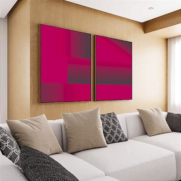 Duo de Quadros Abstrato Mosaico Geométrico Degradê Rosa Canvas Moldura