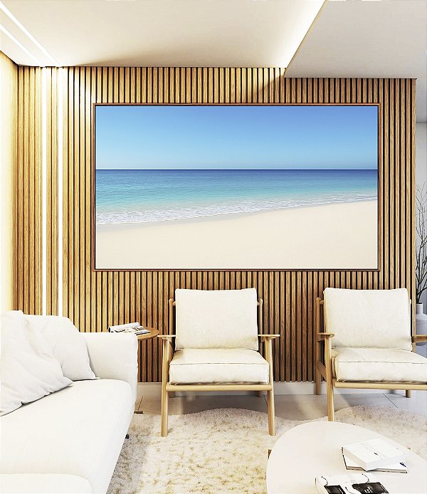 Quadro Horizontal Praia de Areia Branca Mar Calmo Azul e Céu Claro Canvas Moldura