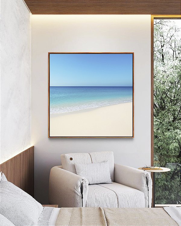 Quadro Quadrado Praia de Areia Branca Mar Calmo Azul e Céu Claro Canvas Moldura