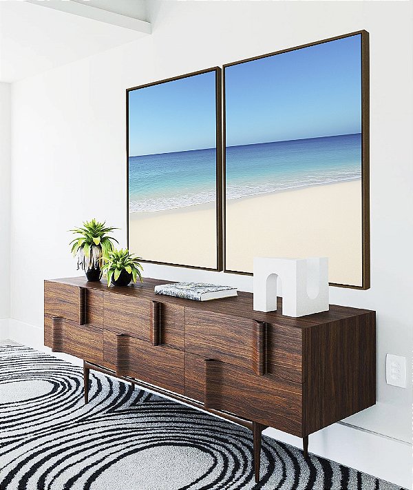 Duo de Quadros Praia de Areia Branca Mar Calmo Azul e Céu Claro Canvas Moldura