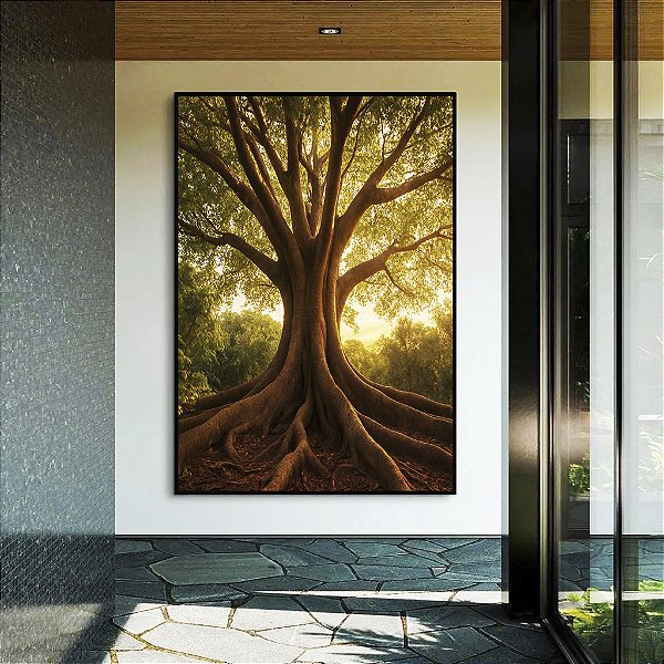 Quadro Vertical Árvore em Floresta e Luzes do Sol Natureza Canvas Moldura