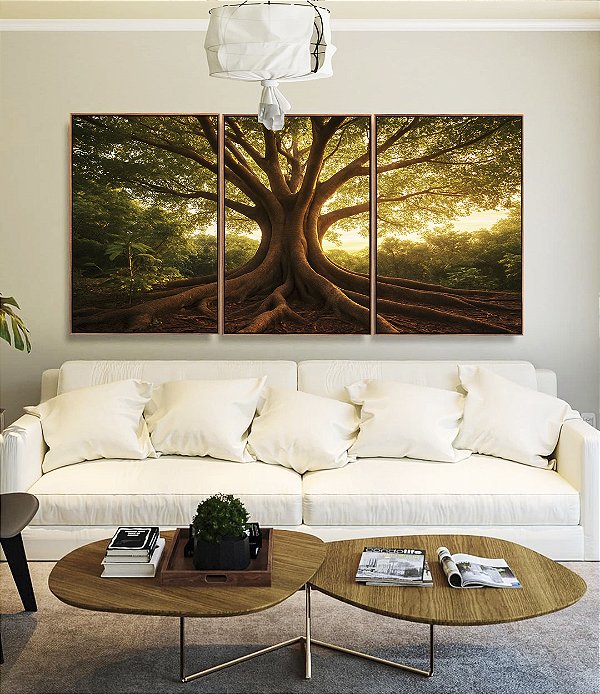 Trio de Quadros Árvore em Floresta e Luzes do Sol Natureza Canvas Moldura