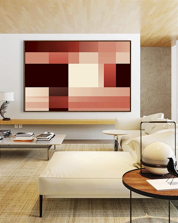 Quadro Horizontal Abstrato Geométrico Degradê Rosa Marrom Canvas Moldura