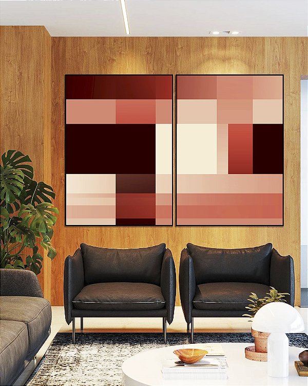 Duo de Quadros Abstrato Geométrico Degradê Rosa Marrom Canvas Moldura