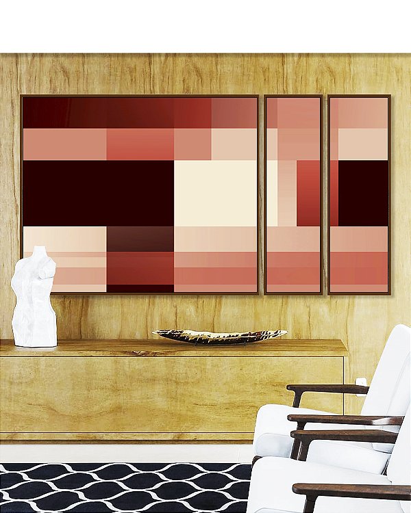 Trio de Quadros Estilizados Abstrato Geométrico Degradê Rosa Marrom Canvas Moldura