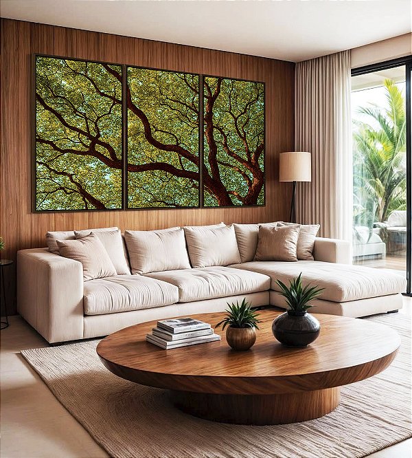 Trio de Quadros Copa de Árvore Céu Azul Turquesa Natureza Canvas Moldura