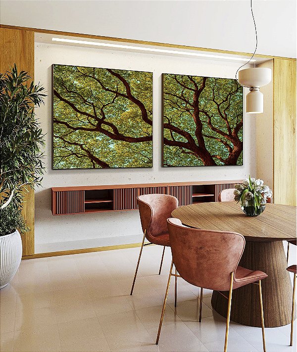 Duo de Quadros Quadrados Copa de Árvore Céu Azul Turquesa Natureza Canvas Moldura