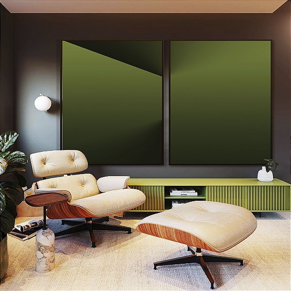 Duo de Quadros Abstrato Degradê Tons de Verde Efeito Canvas Moldura